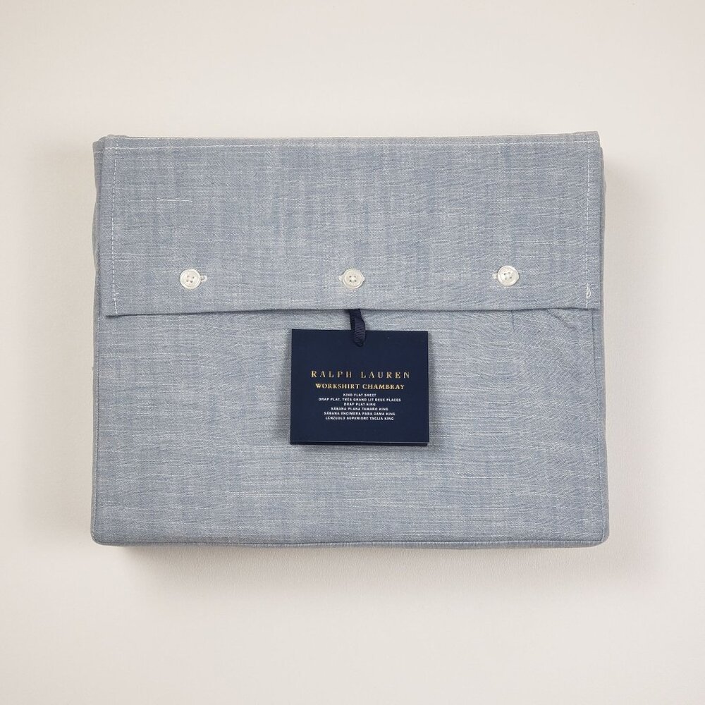 Ralph Lauren Workshirt Chambray King Flat Sheet Blue Luxury Bedding, 114"x108" - Picture 4 of 16